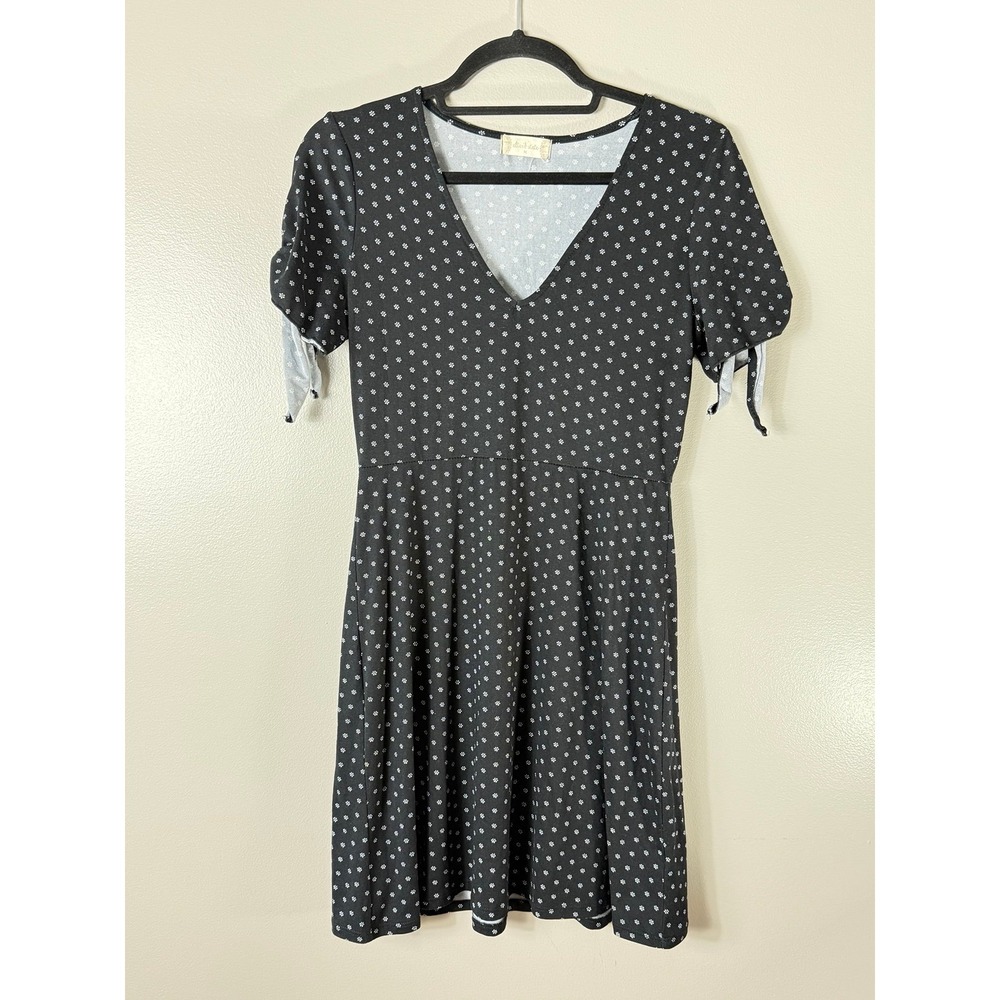 Altard State Womens Black Floral V-Neck Fit & Flare Dress‎ Tie Sleeve M